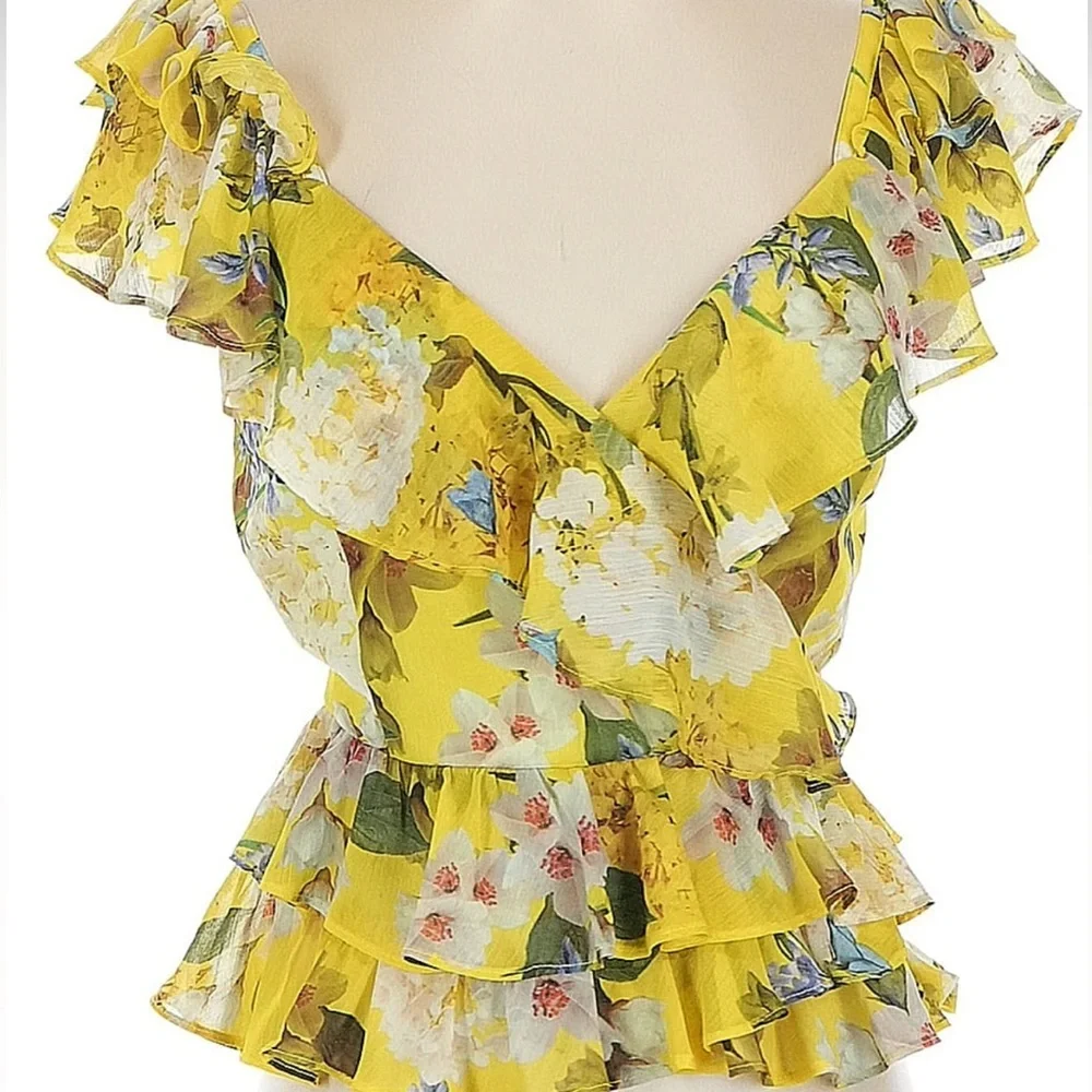 Marissa Webb Blouse Yellow Floral Ruffle Top - Picture 7 of 8